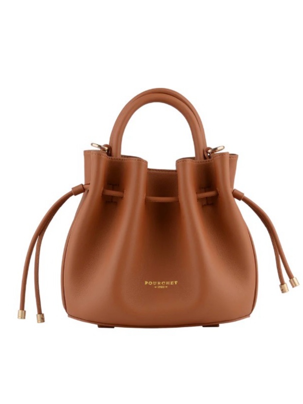 Maison Pourchet Camel Leather Drawstring Crossbody Bucket Bag